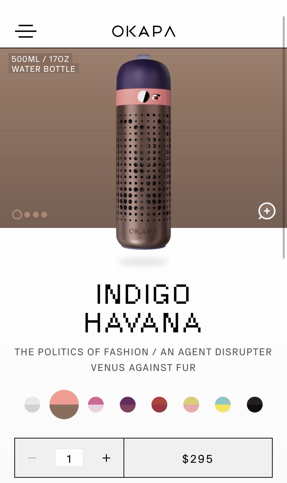 OKAPA water bottle, 500mL / 17oz Bottle, Indigo Havana New $