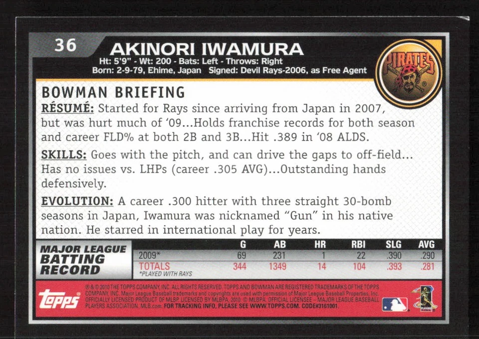 2010 Bowman Akinori Iwamura Gold #36 Card - Image 2 of 2