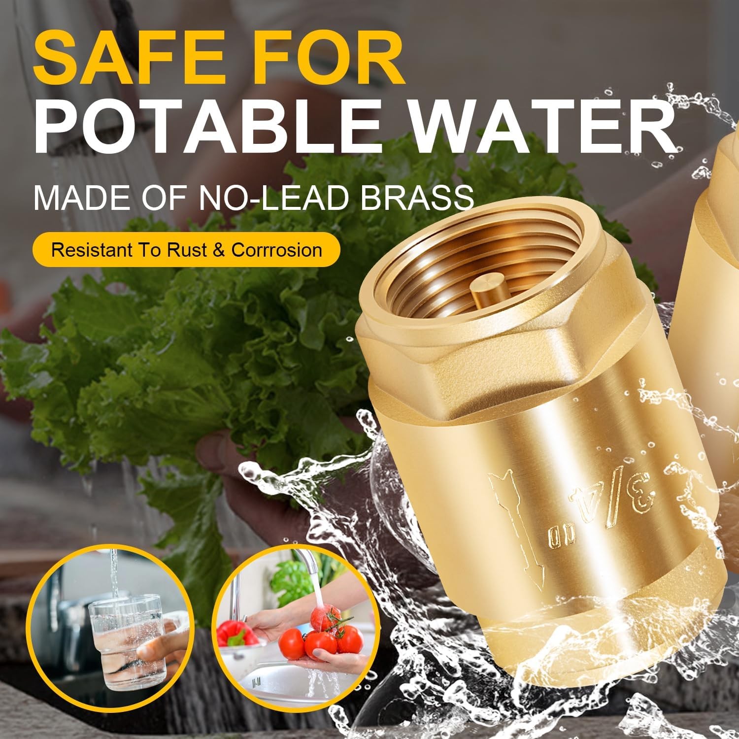 2-Pack One Way Brass In-Line Check Valve, 3/4 Inch IPS for Water Supply System