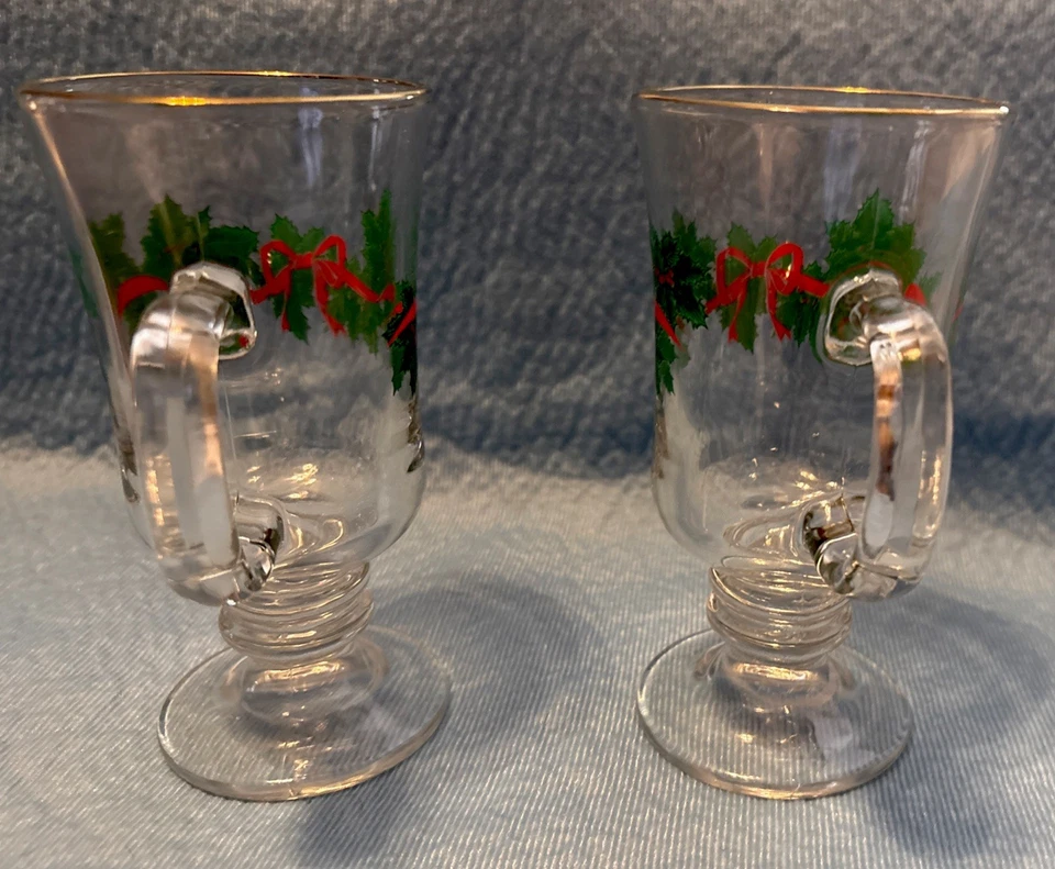 TAZA DE VIDRIO VINTAGE LIBBEY ARBYS AÑOS 80 NAVIDAD BAYAS DE ACEBO CON PATAS BORDE DORADO Dos Foto 4 de 4