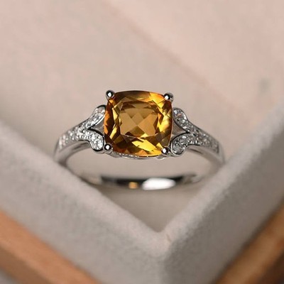 2.95 Ct Cushion Cut Natural Citrine Diamond Wedding Ring 14K White Gold Size 6