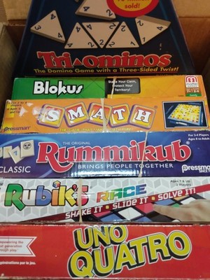 6 Complete Board Games Blokus Rubik's Race Rummikub 'Smath Tri-Ominos Uno Quatro