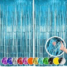 Hampton Distribution 2 Pack Light Blue Fringe Foil Backdrop Curtains, Light...