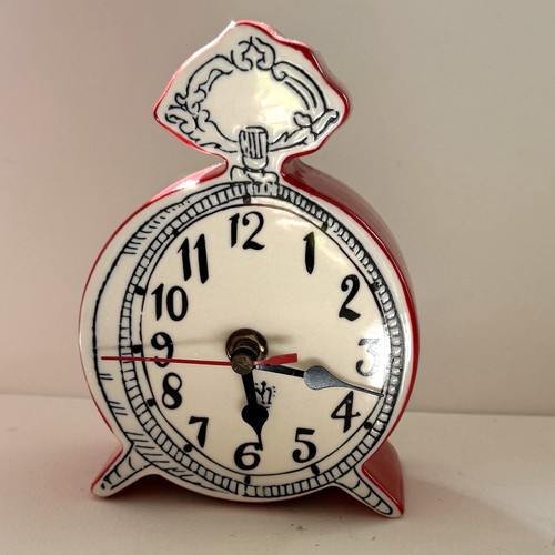 Anthropologie Tick Tock Clock MOLLY HATCH Red Ceramic, White Face READ
