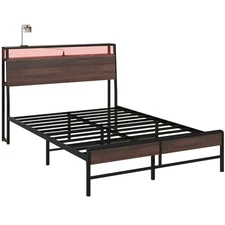 HOMCOM Full Size Bed Frame with Headboard,Platform Bed Frame with LED Lights,