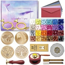 Wax Seal Stamp Kit with Gift Box, 672 Pcs Wax Seal Beads, 4 Pcs Wax Stamps, 2...