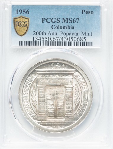 1956-Columbia Peso-200TH ANN. POPAYAN MINT-PCGS MS 67-Only 1 Graded Higher