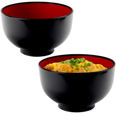 2 Japanese Ramen Soup Bowls 38 oz  Black & Red Plastic Noodle Bowls 6.25x3.75 in