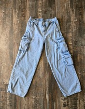 Y2K Style Heavy Washed Baggy Jeans Cargo Wide Leg Womens Size LG Blue