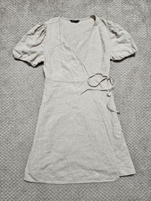 Marks & Spencer Wrap Dress Puff Sleeve Linen/Viscose Blend in Beige Size UK 12R