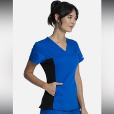 NWT Cherokee WorkWear Scrub V-Neck Knit Panel Top Royal Blue Small Nurse Medical