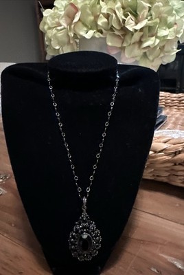 Monet  Vintage Glass Black Rhinestone Teardrop Pendant Necklace - 16'' + 2 