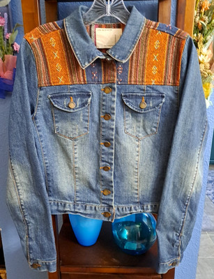Life in Progress Denim Jacket Women's M Boho Southwest Tribal Guatemalan Trim
