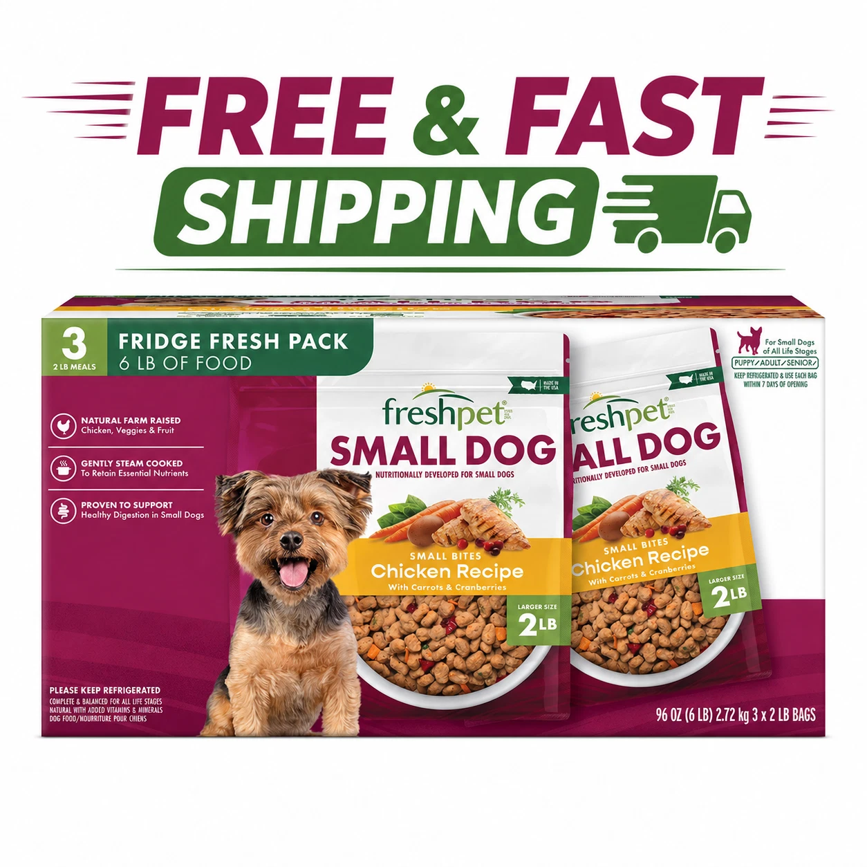 Freshpet Small Dog Chicken Recipe Fresh Food 6 lb (3x2 lb Bags) Fridge Fresh Pac
Opens in a new wind