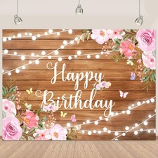 Retyshia Happy Birthday Backdrop for Women Rustic Wooden Butterfly Happy Birthda