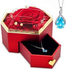 Preserved Red Real Rose With Necklace Forever Flowers Diamond Shaped Box Preserv