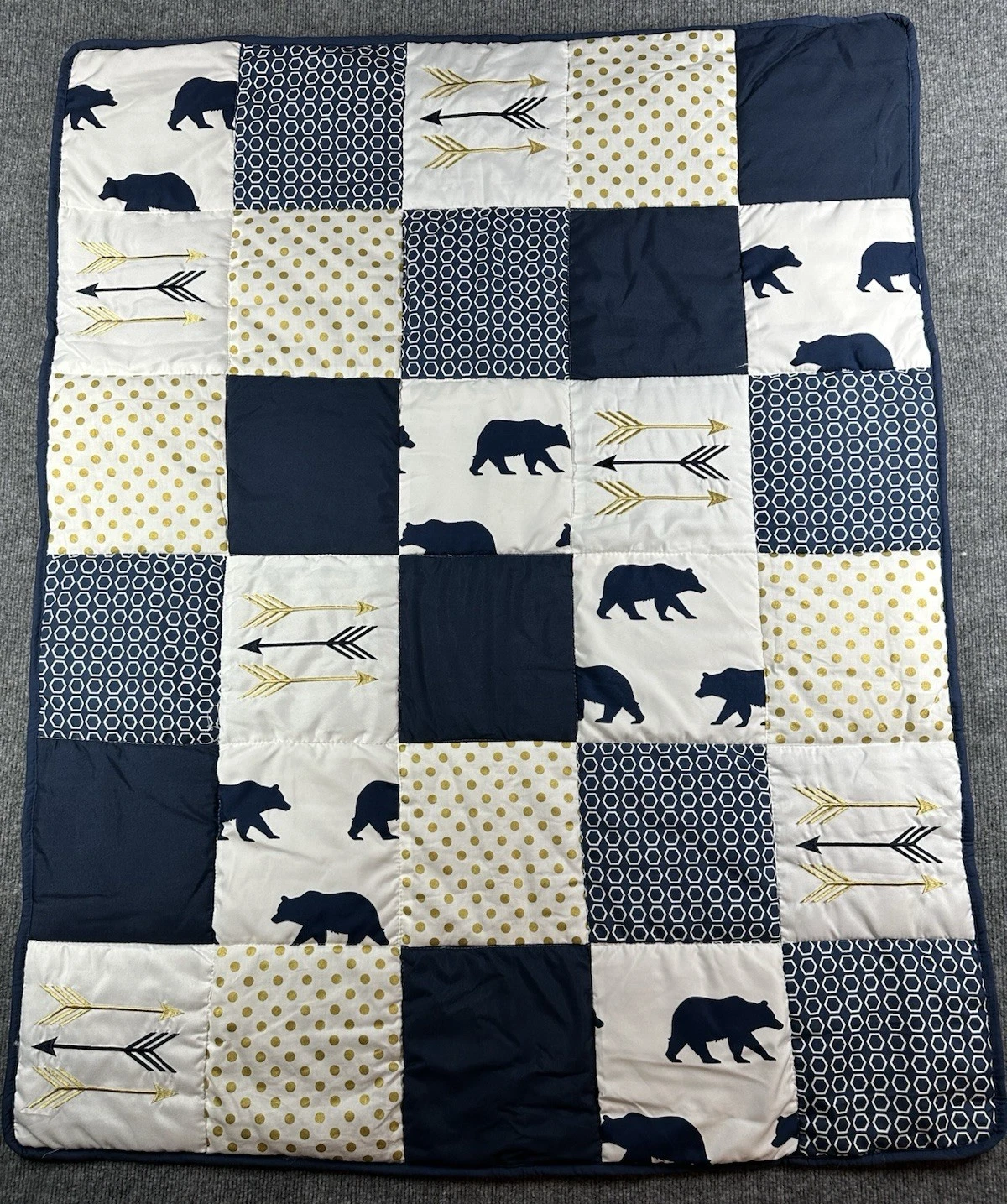 Sweet Jojo Designs Crib Quilt Blanket Blue Gold Bear Arrows Nursery Baby EUC