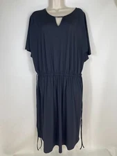H by Halston Dress Womens Size Medium Black Cape Sleeve Drawstring Waist Midi 