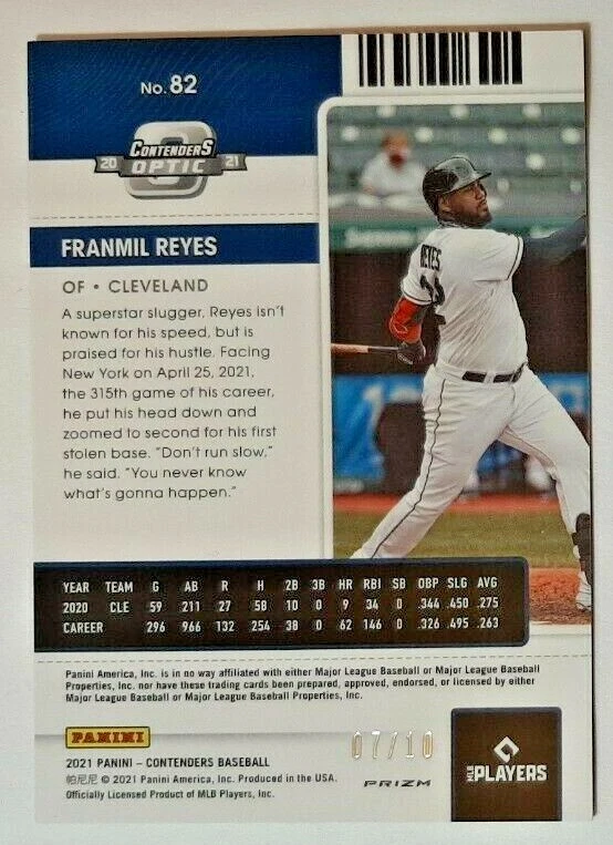 2021 Contenders Optic Prizm Gold #82 Franmil Reyes #7/10 Cleveland Str Refractor - Image 2 of 3