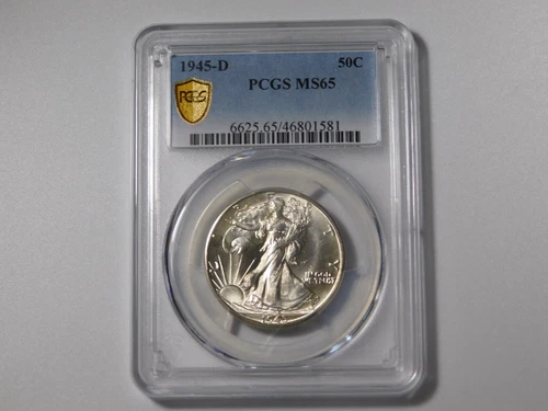 1945-D WALKING LIBERTY SILVER COIN HALF DOLLAR GOLD SHIELD PCGS GRADED MS65