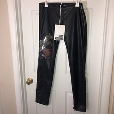 NWT LOVE MOSCHINO Black Faux Leather Graphic Print Cropped Pants Sz 8 Italy