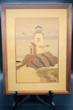 Hudson River Inlay Lighthouse Wood Marquetry by Nelson Lighthouse Rock 12.75X10