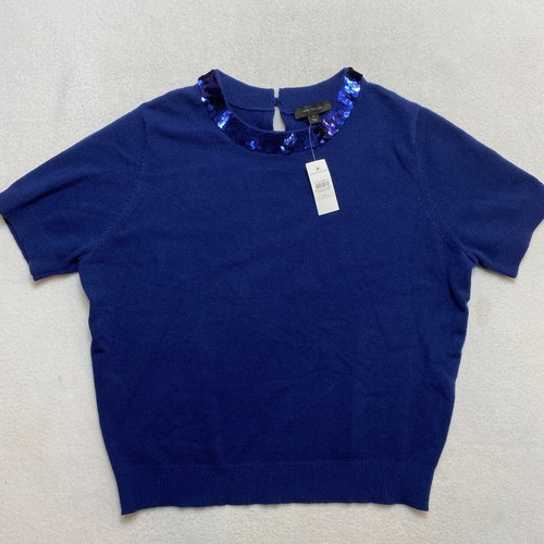 Ann Taylor Knit Top Women's XL Blue Short Sleeve Sequin Round Collar