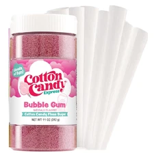 Cotton Candy Express Floss Sugar BUBBLE GUM Use Ice Cream, Drinks 11oz+10 Cones