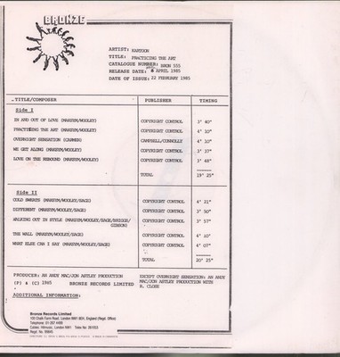 Kartoon Practising the Art LP Vinyl UK Bronze 1985 Test Pressung mit Info Blatt