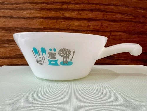 Fire King Blue Heaven Atomic Milk Glass Handled Bowl 10 oz MCM