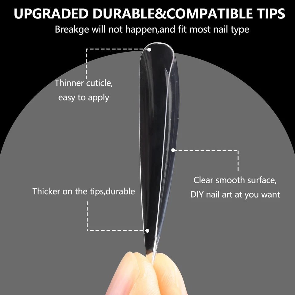 INENK No C Curve XXL Stiletto Ataúd Puntas de Uñas 400 Piezas Acrílico Transparente 10 Tamaños Foto 4 de 4