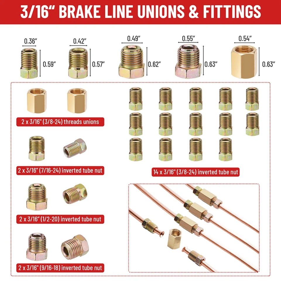 25 Ft 3/16 + 1/4 Copper-Coated Brake Line Kit With 32 Fitting and 4 Unions 8 Nut Foto 2 de 4