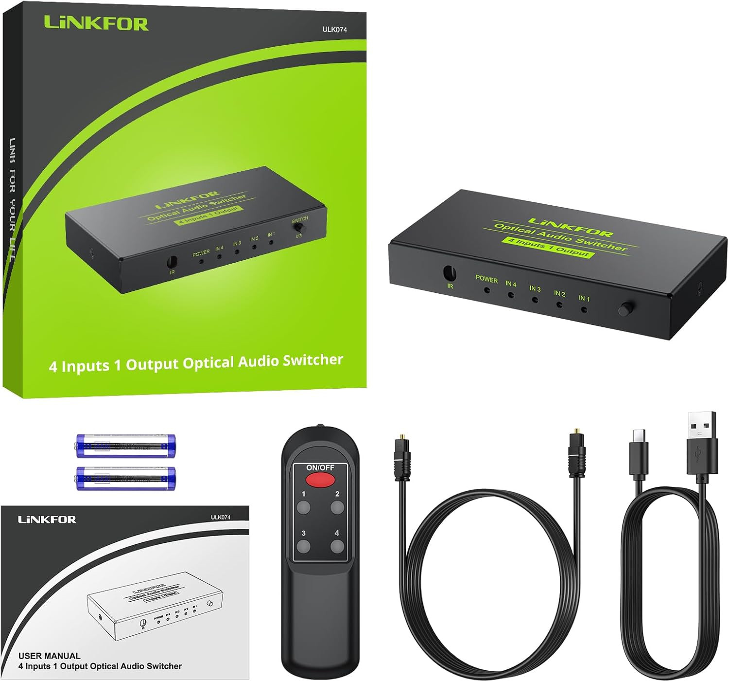 Linkfor Digital Toslink Optical 4X1 Switch with 3Ft Optical Cable and IR Remote 