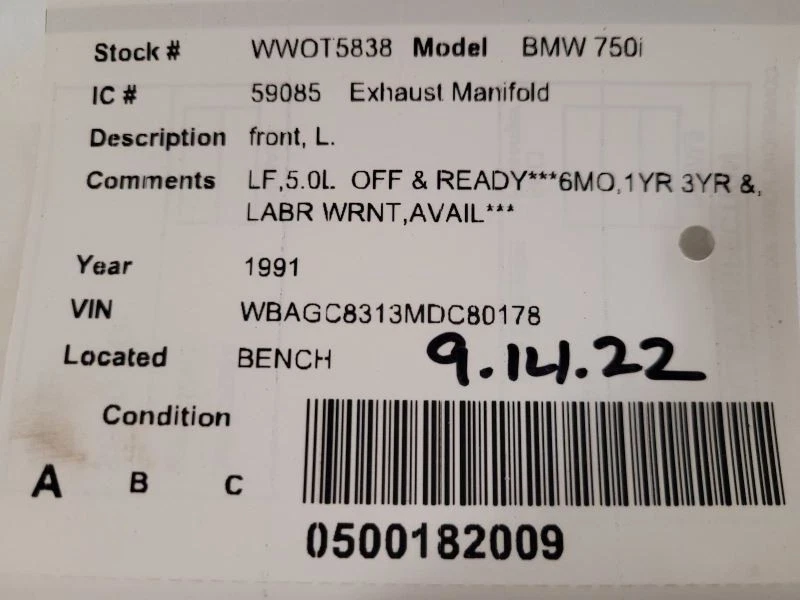 Colector de escape conductor delantero izquierdo se adapta a 91-97 BMW 850i 1619356 Foto 3 de 3