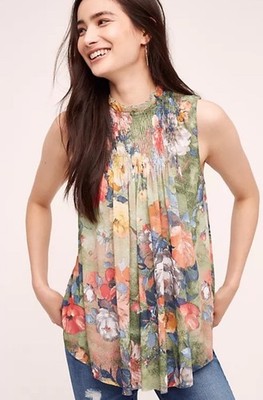 Anthropologie Deletta Epona Sz L Floral Swing Smocked Neck Swing Stretch Tunic