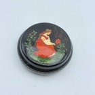 Vintage Japanese Black Lacquer Round Trinket Jewelry Box Lady & Flower Scene — photo 1