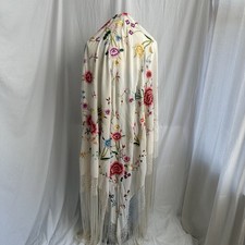 Vintage Embroidered Piano Shawl - Large - Long Fringe - Multicolored Florals