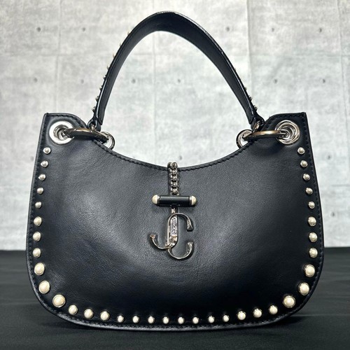 JIMMY CHOO VARENNE Pearl Stud Leather Hobo Bag Black Rare Authentic From Japan