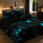 3Pcs Modern Geometric Plaid Grid Quilt Doona Duvet Cover Bedding Set Lake Blue