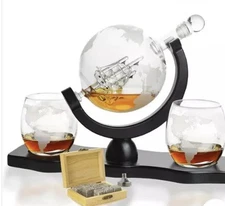 Whiskey Decanter – Elegant Globe Design with Etched World Map, Includes 2 
