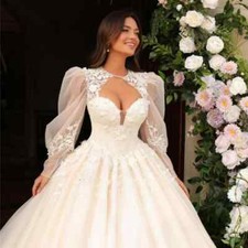 Sweetheart Tulle Princess Wedding Dress Puff Long Sleeves Appliques Bridal Gown
