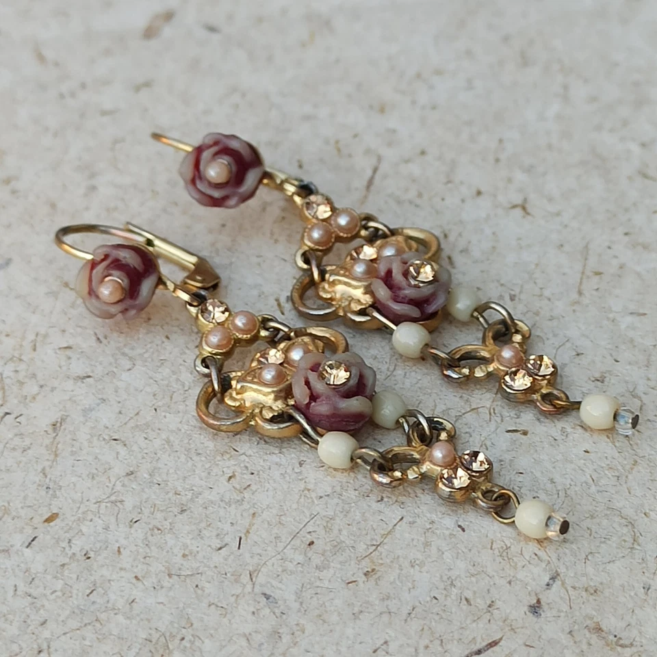 Michal Negrin Earrings Filigree Carved Rose Gold Plated Victorian Crystals Gift - Image 4 of 4