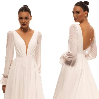 Brautkleid Hochzeitskleid V-Ausschnitt Langarm Weiß Ivory 36 38 40 42 - Bild 1 von 4