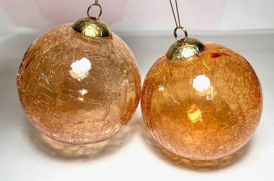 TRIMSETTER DILLARDS "2 CRACKLE GLASS ORANGE BALL ORNAMENTS" NEW * FREE