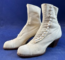 Edwardian La Belle Womens Sportswear White Canvas High Button Bump Toe Boots VTG