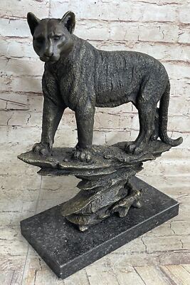 Handcrafted Bugatti Mountain Lion Bronze Sculpture Marble Base Figurine Deal Art