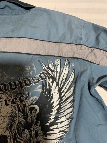 Harley Davidson Shirt Medium Blue Button Up Short Sleeve Striped Skull And Wings - Picture 8 of 8