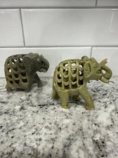 Hand Carved Stone Elephant, Baby Inside, Green Figurine Made in India Set Of 2