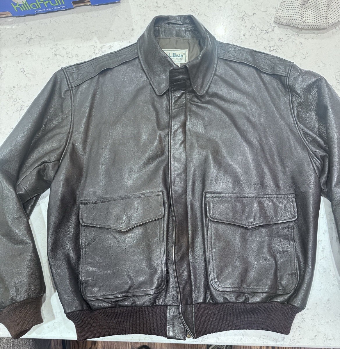 VTG LL Bean Black Goatskin Leather A-2 WW2 Style Bomber Jacket