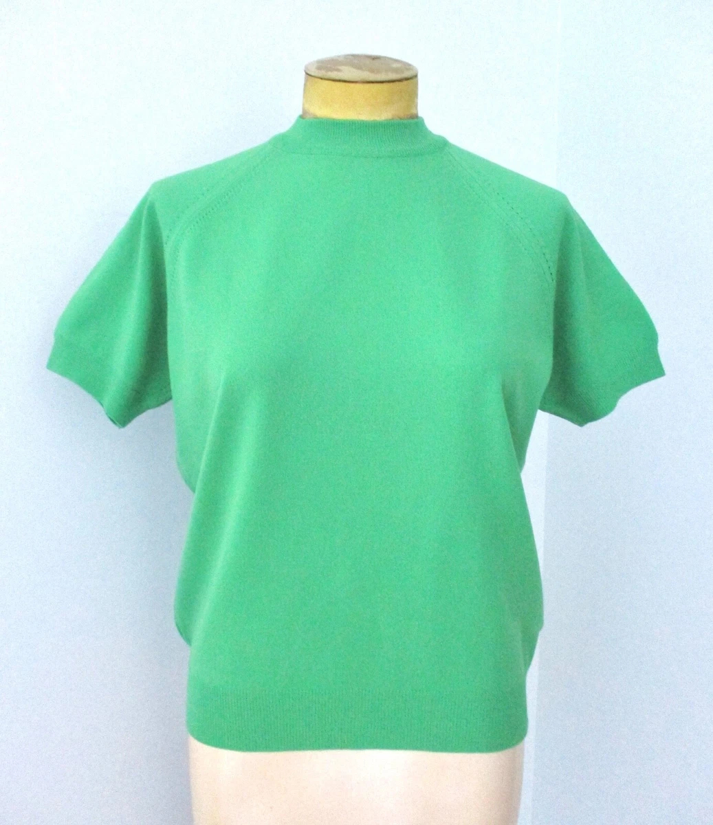 Vtg 60s Jade Green Textured Nylon Knit Back Zip Mock Turtleneck Secretary Top 40